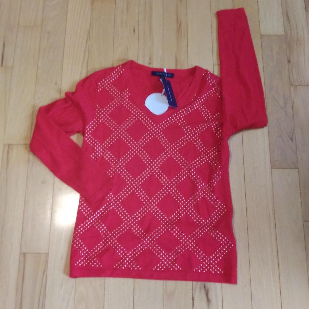 NWT Tommy Hilfiger red v neck pullover sweater metal studs